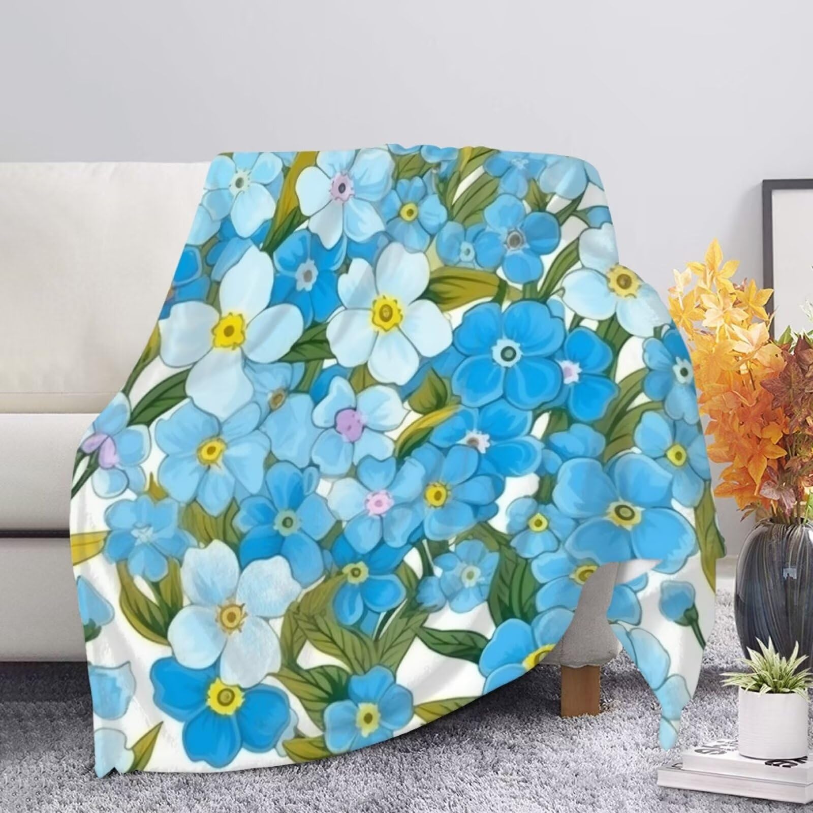 Allcute Novelty Fall Blanket for Couch Forget-Me-Not Floral Print Throw Blanket for Women Spring Winter Warm Soft Chair Sofa Throws Bed Living Room Fuzzy Cozy Small Blue Blankets