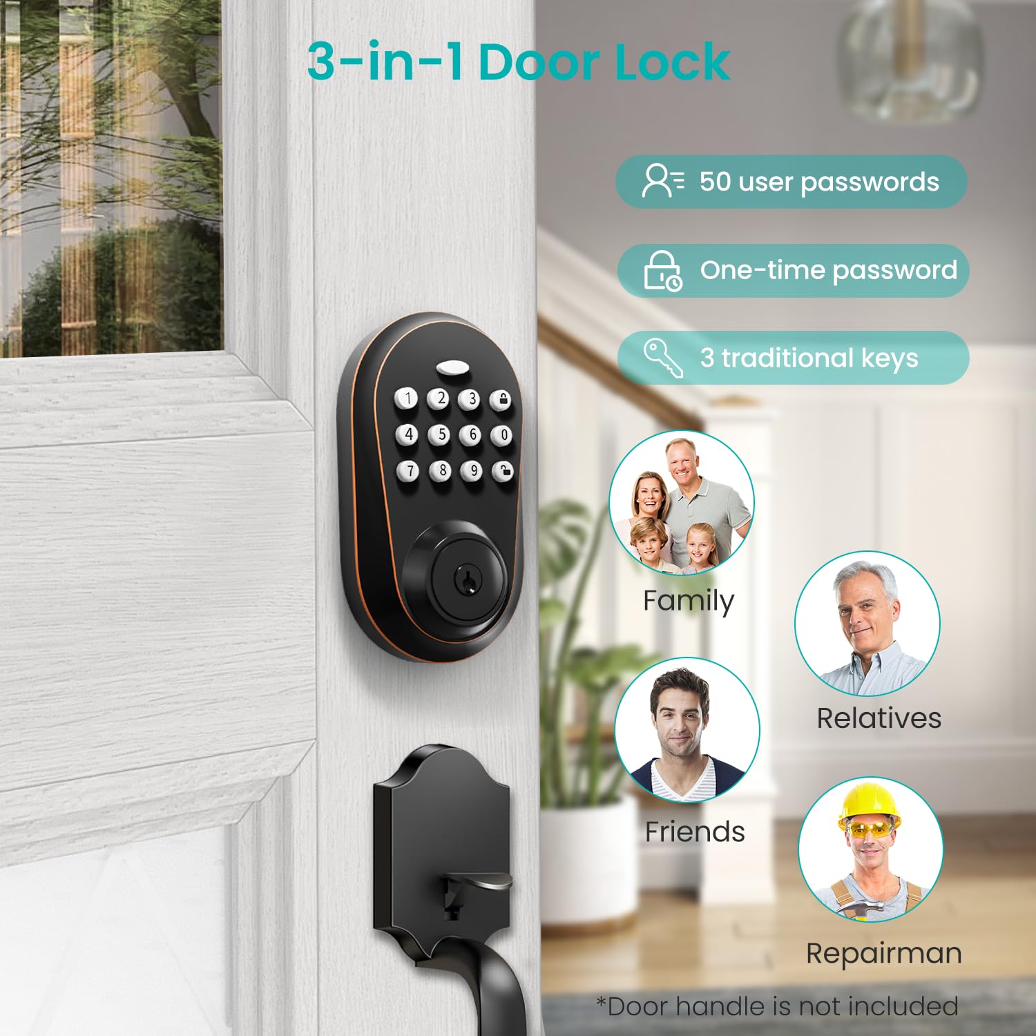 Serrure de porte d'entrée sans clé, serrure intelligente à clavier pour porte d'entrée, serrure électronique à code avec verrouillage automatique, mot de passe anti-voyant, installation facile pour la