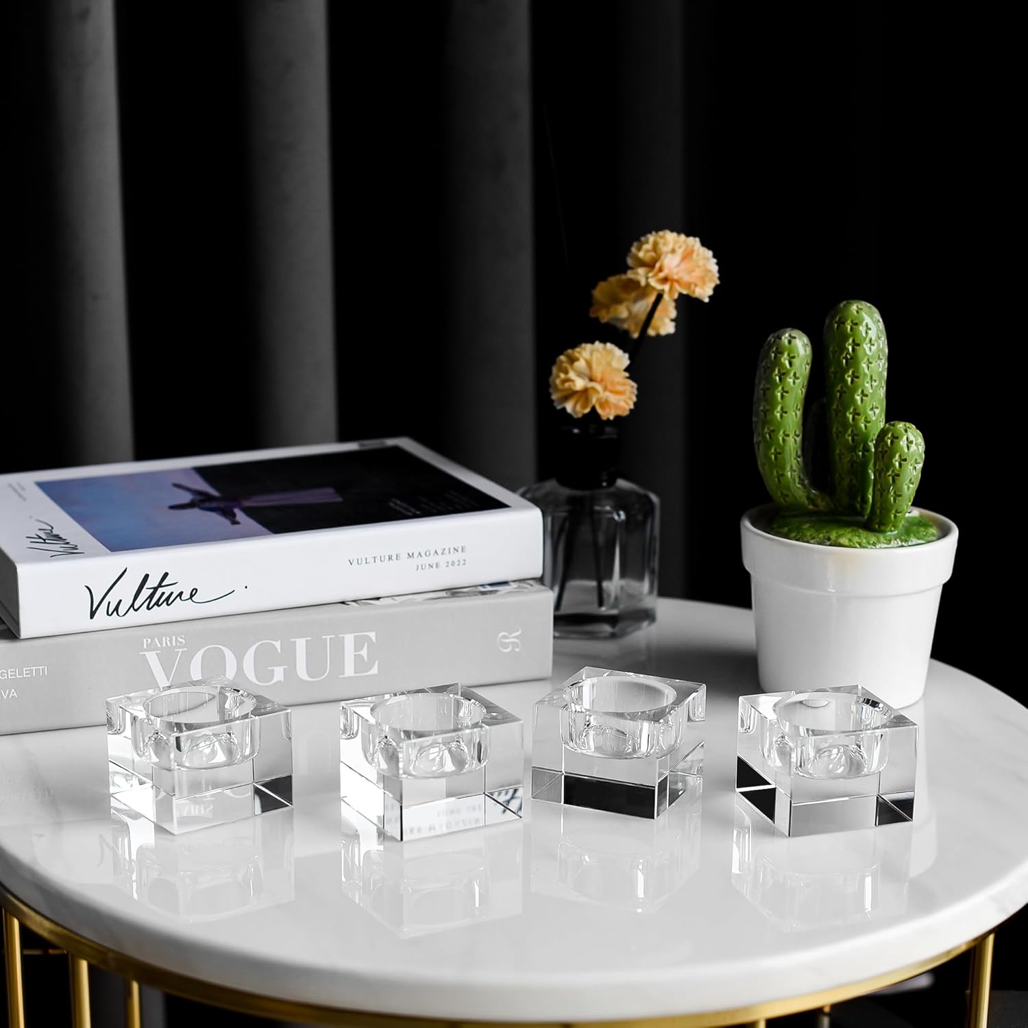 Home Crystal Tealight Candle Holders Pack of 4, 1.5 Inches Height, Heavy Solid Square Hand Cut Tealight Holders Sets, Centerpiece for Home Decor(Clear) - Image 5