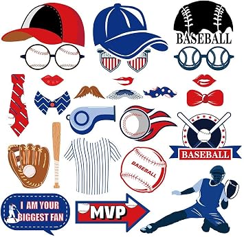 25Pcs Baseball Photo Booth Props with Stick, Theme Selfie Props, Birthday Party Supplies, Photography Backdrop Decorations