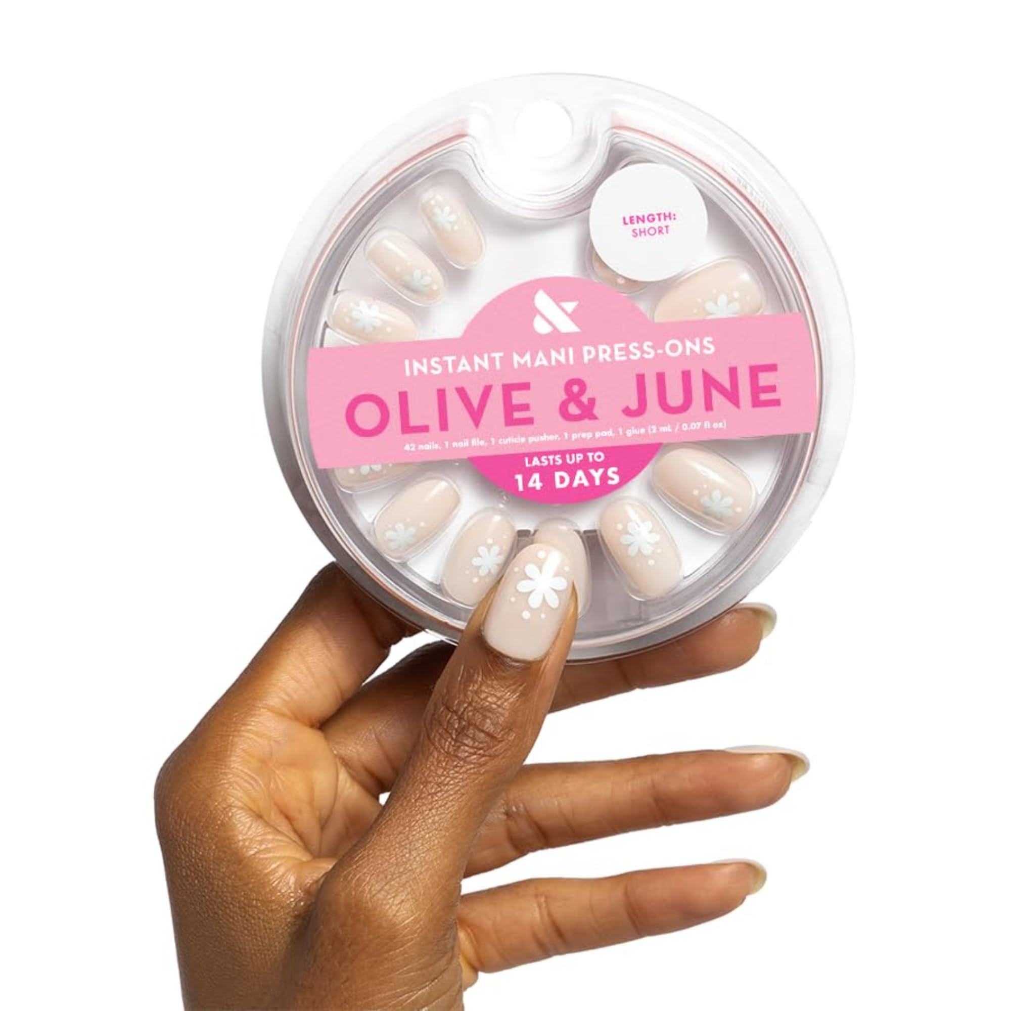 Olive & June Instant Mani Press-On Nails | Valentine's Day | (Glue) Short, Round 42 Fake Nails, 21 Sizes | Non-Toxic, Long-Lasting Recycled Materials