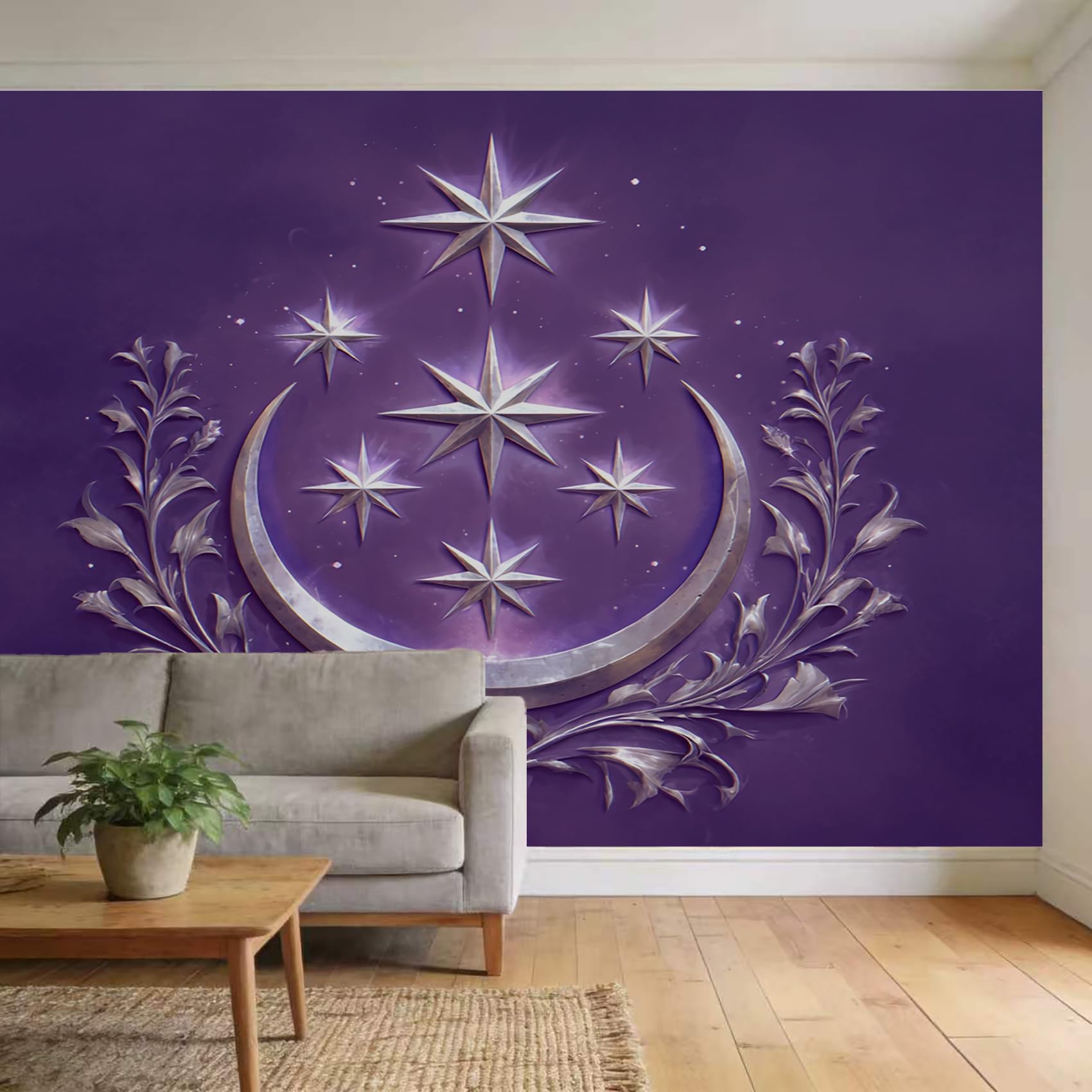 Générique Papier Peint Panoramique Lune Etoile Chambre Salon Cuisine Intissé, Papier Peint Motif Argent Violet, Deco Murale Lune Etoile, 500 x 350 cm (Largeur x Hauteur), GG3239