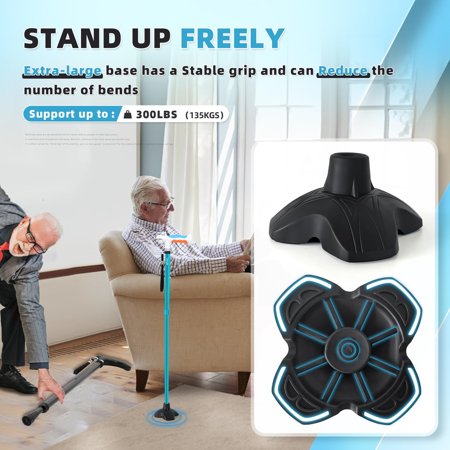 BigAlex Canne de Marche Double Lumière pour Dames et Messieurs - Pliable, Réglable en Hauteur, Quadruple Base Antidérapante, Éclairage LED Intégré, Cannes de Marche pour Les Hommes et Les Femmes