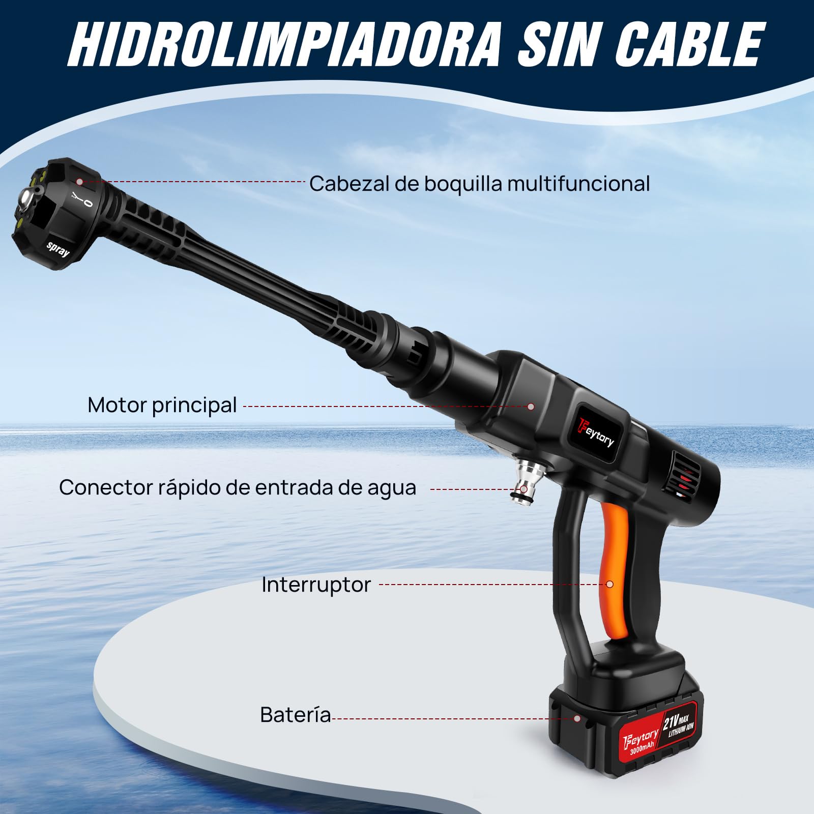 21V 45 Bar/652 PSI Hidrolimpiadora sin Cable, Hidrolimpiadora portátil con batería de 3.0Ah,Boquilla Ajustable 6 en 1,Manguera de 16.4FT Limpiadora a presión para Coche/Suelo/jardín Limpieza y riego