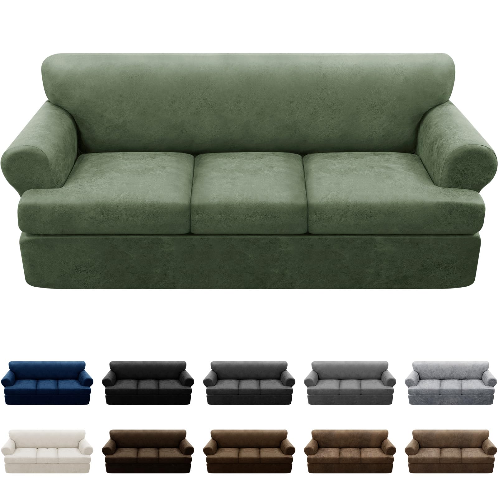 Photo 1 of Pfrstuv 4-Piece T Cushion Sofa Slipcovers - Leather Look Couch Cover for 3 Cushion Couch - Army Green