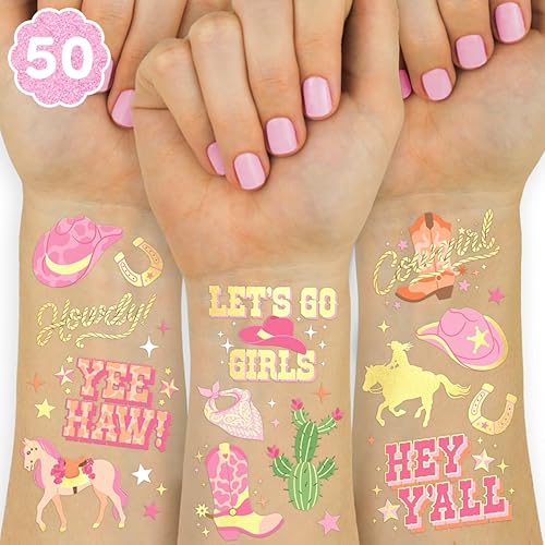 xo, Fetti Tatuajes temporales de vaquera – 50 estilos de lámina dorada | Decoraciones de fiesta de cumpleaños, accesorio de vaquera Giddy Up,