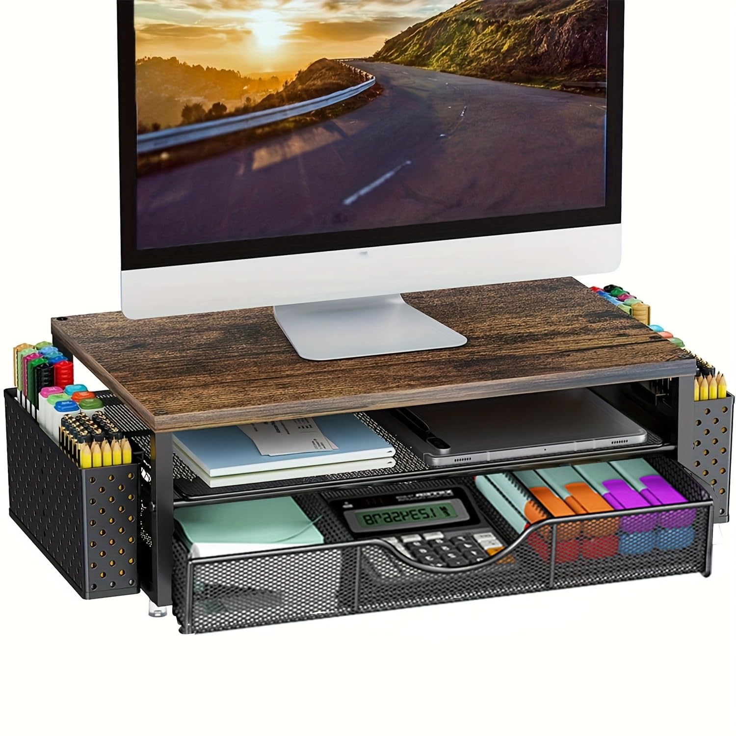 Supporto per monitor con cassetto, organizer da scrivania per schermo e laptop, ergonomico rialzo per monitor come accessorio per scrivania e gadget (nero)