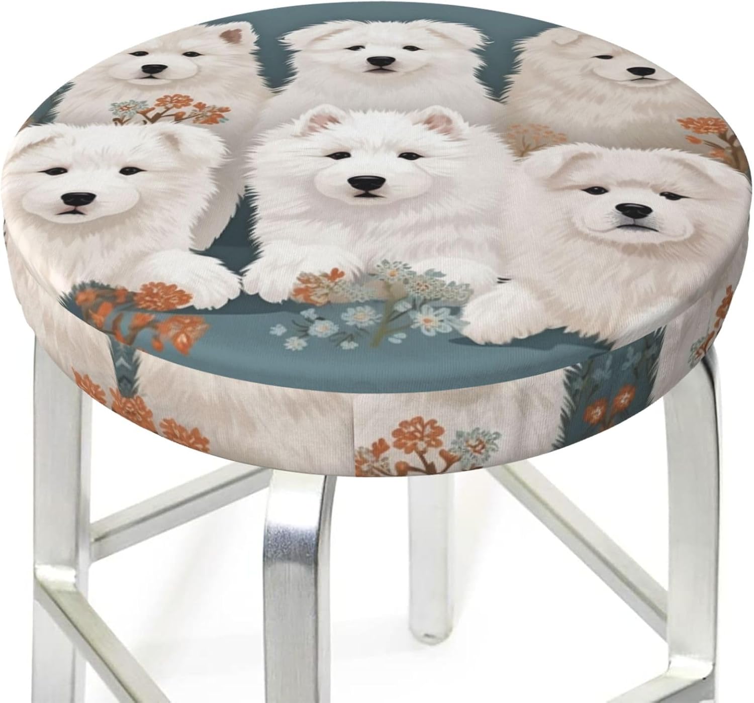 Bar Stool Cover Round Elastic Stool Cushion Covers Little White Dogs Pattern Bar Chair Cover Washable Stool Cushion Slipcover Stretch Stool Seat Covers for 12-14 Inch Chair