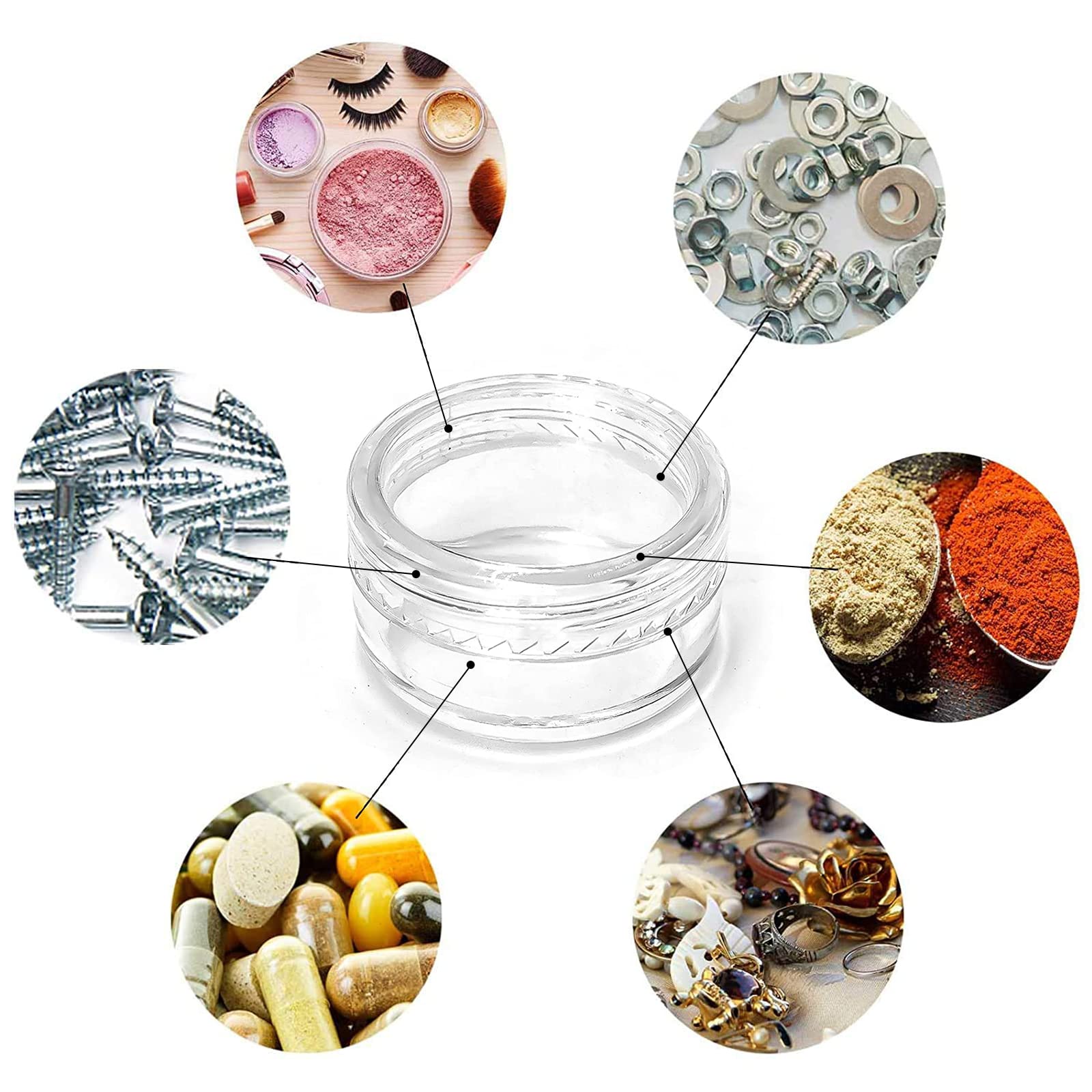 100 Pz Vasetti Cosmetici, 3ml Contenitori Cosmetici Vuoti con 15 Mini Spatola e 105 Adesivi, Barattolini Plastica Piccoli con Tappo per Lozioni, Creme