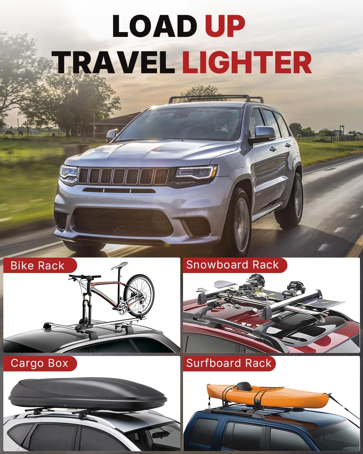 Richeer 260LBS Lockable Roof Rack Cross Bars for 2011-2022 Grand Cherokee Altitude/SRT/Trackhawk with Roof Black Moldings, Aluminum Crossbars with Anti-Theft Locks for Cargo Rooftop Luggage Canoe