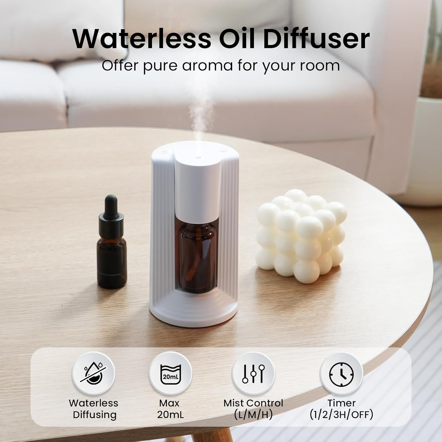 LAMA Waterless Essential Oil Diffuser, Portable Small Mini Scent Air Machine, Quiet Leak-Proof Home Fragrance Aroma Diffuser, USB Air Freshener with 1/2/3H Auto-Off Mode, 3 Mist Levels, White - Image 2
