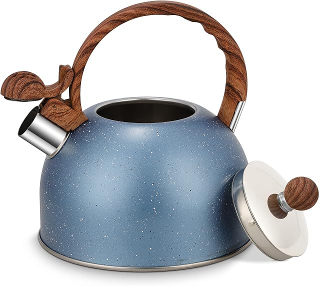 Stainless Steel Whistling Kettle, Kitchen Stovetop Retro Teapot, Lightweight Camping Kettle, Water Kettle with Wood Handle,Tea Kettle for Gas Hob,Removeable Lid and Non-Drip Pouring Spout,2.5L,Blue