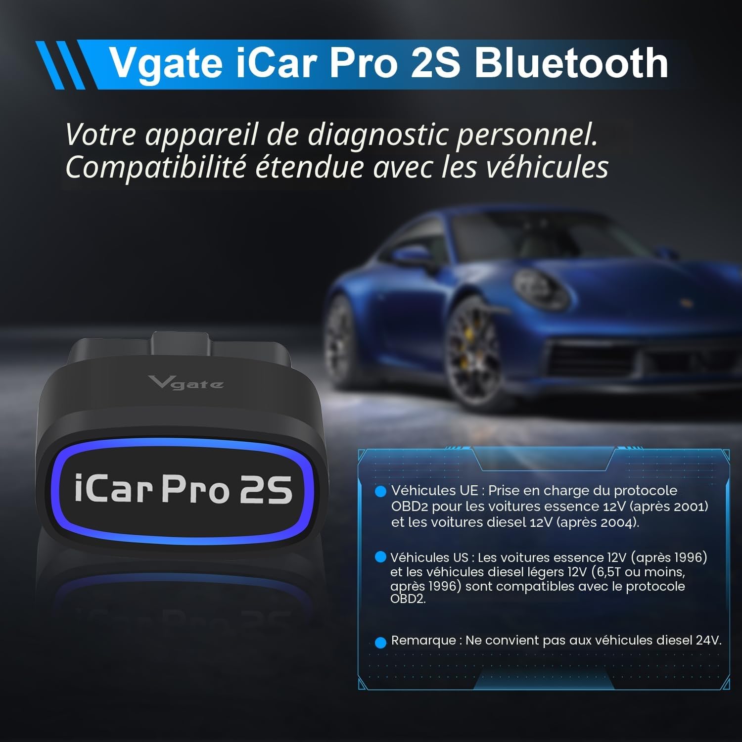 Vgate iCar Pro 2S Bluetooth Outil de Diagnostic OBD2 pour iOS, Android et Windows L'outil de Balayage Automobile Prend en Charge Les véhicules électriques et Hybrides