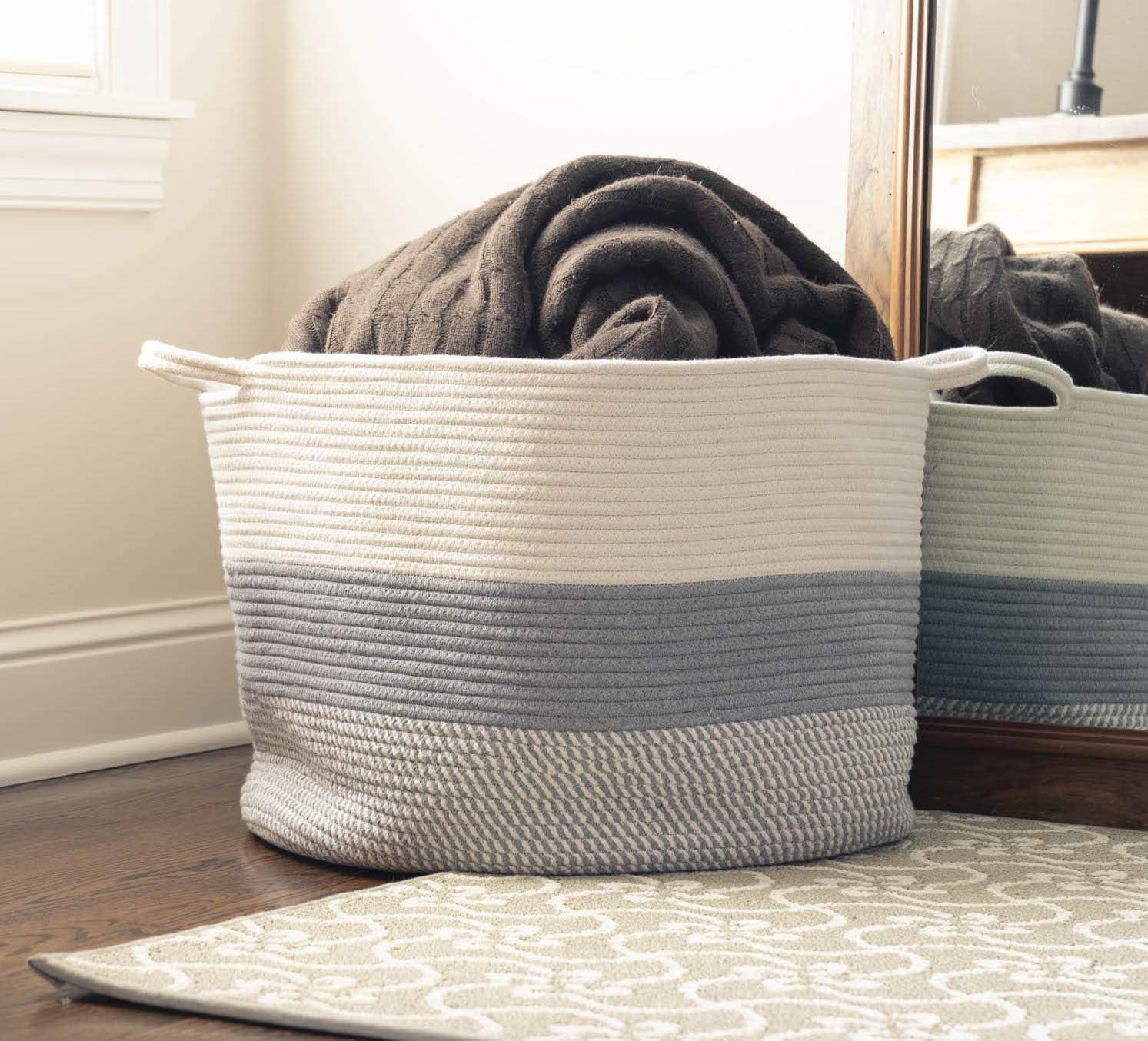 EVERLOVE CREATIONS XXL Cotton Rope Basket 20"x20"x13" Large Decorative Basket with Handles Woven Laundry Hamper Toy Basket