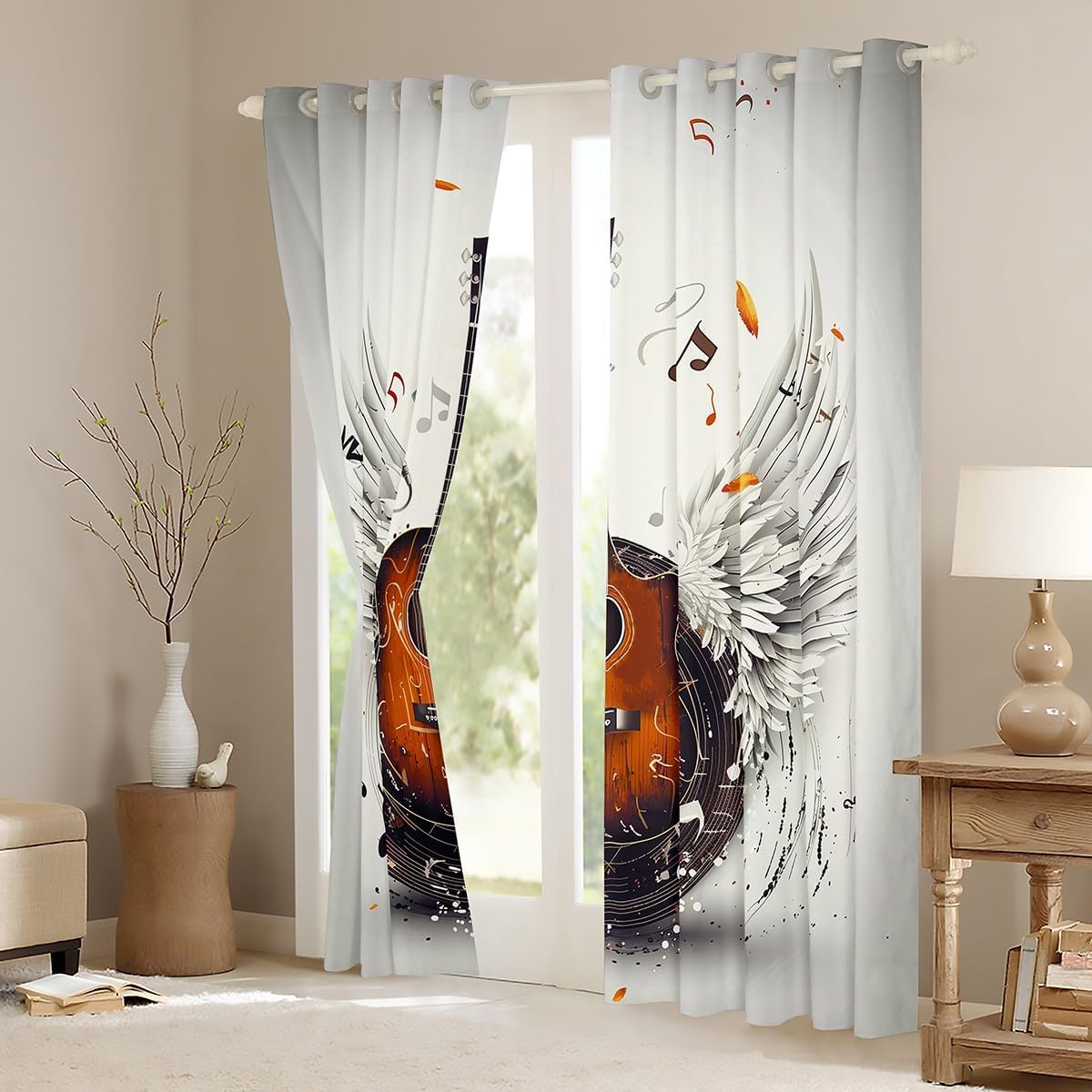 Manfei Guitar Kids Blackout Curtain,Retro Vinyl Record Musical Notes Angel Wings Window Drapes for Boys Girls,Rock Roll Music Brown Grey Window Treatments Grommet Top 2 Panel Set,42Wx90L inch