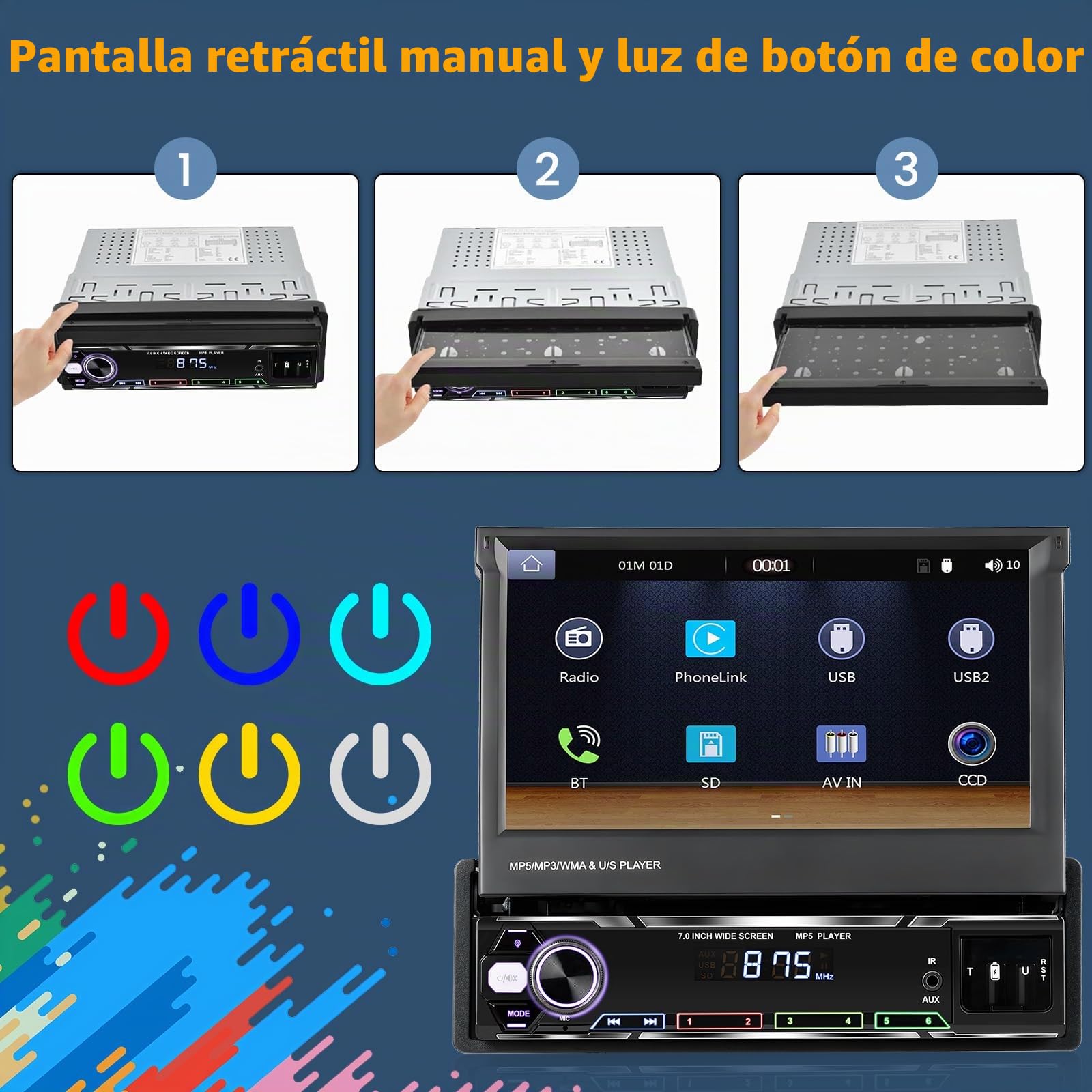 Hikity Radio de Coche 1 DIN con Pantalla Retráctil de 7 Pulgadas Inalámbrica Carplay Pantalla Radio 1 DIN con Bluetooth Android Auto EQ FM AUX USB Mirror Link Cámara de Visión Trasera