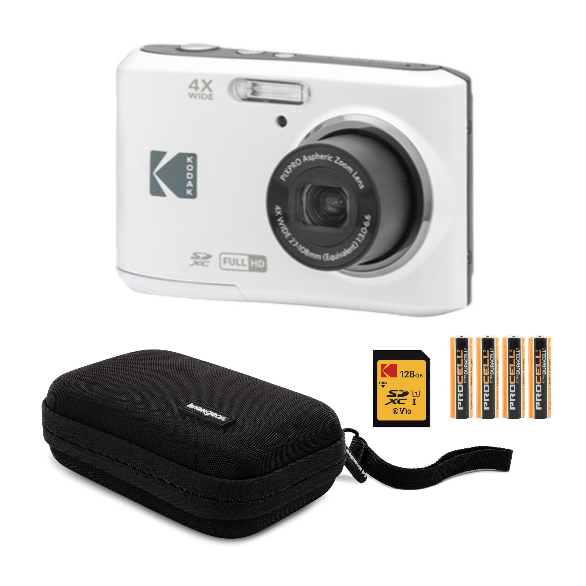 Kodak PIXPRO FZ45 Friendly Zoom Digital Camera (White) Bundle with Folding Storage Travel Case, 128GB SD Class 10 UHS-I U1 V10 Full HD Memory Card,