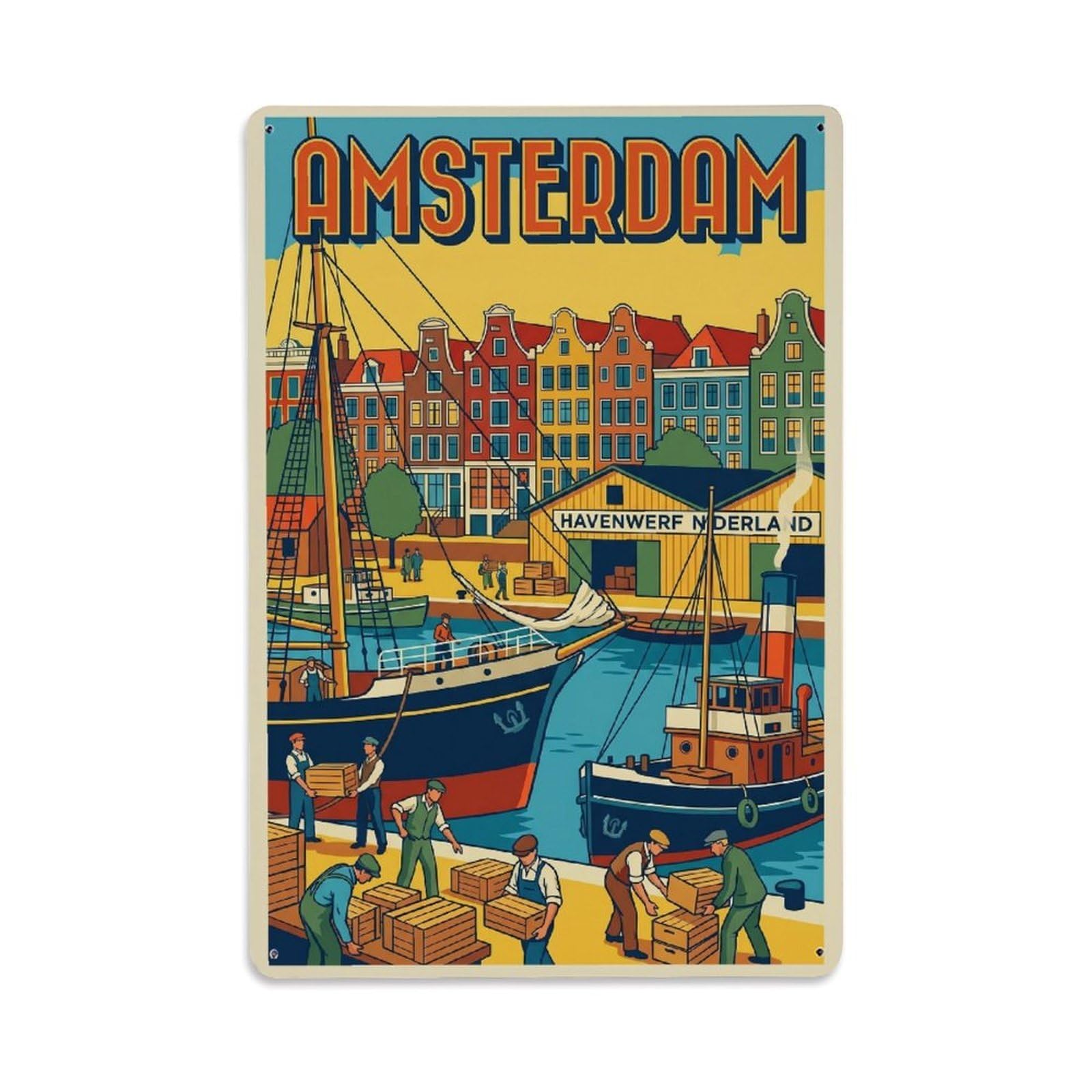 Okngb Style Retro Harbor Wharf Canal Amsterdam Travel Quay Waterway Metal Tin Sign Plaque Wall Decor For Cafe, Man Cave, Club Bar, Office, Home Garden Round Metal Poster 8X12inch