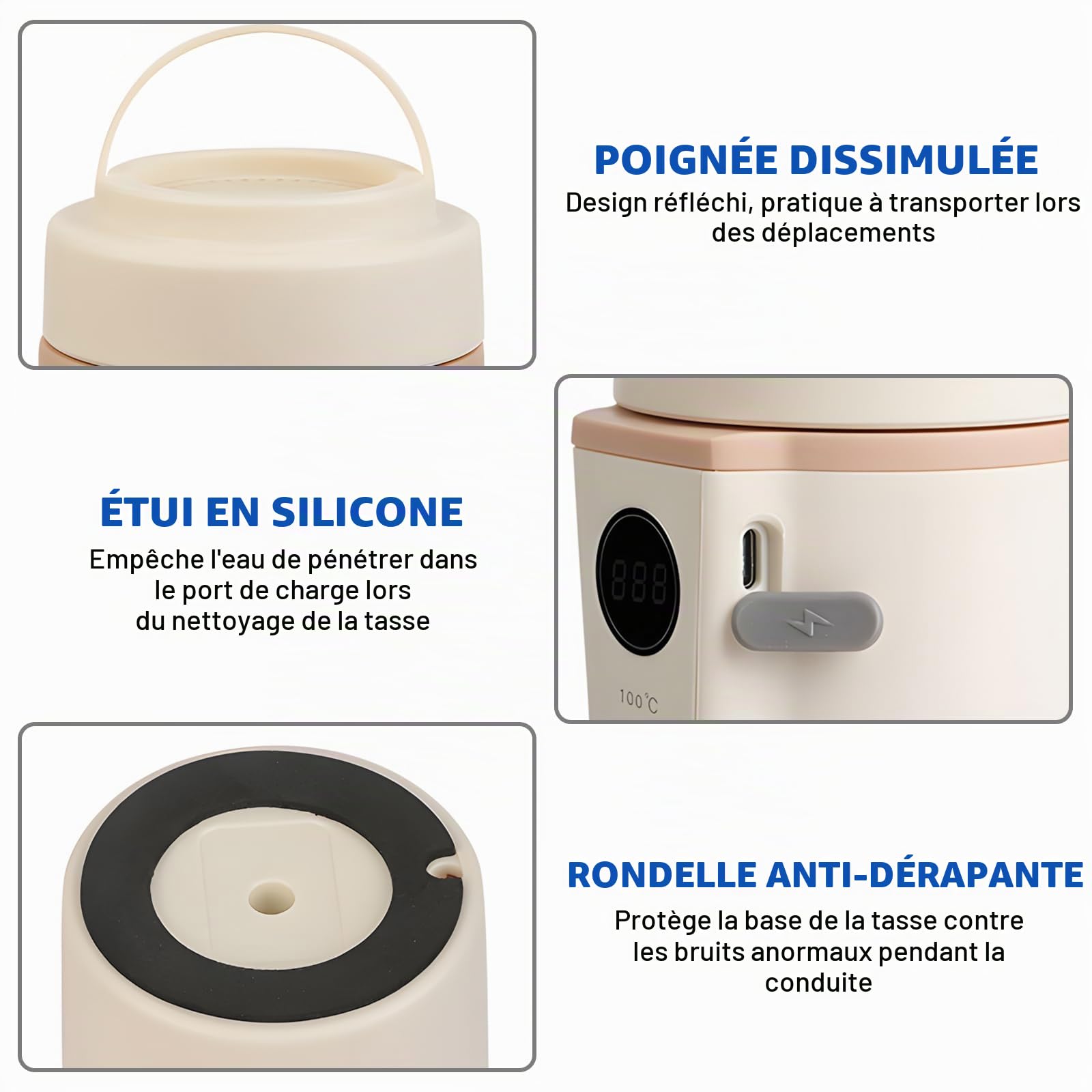 Bouilloire pour voiture, 500 ml, bouilloire de voyage portable 12 V 24 V, avec réglage de la température, pour thé, café, voyage, camping, arrêt automatique, anti-fuite, beige