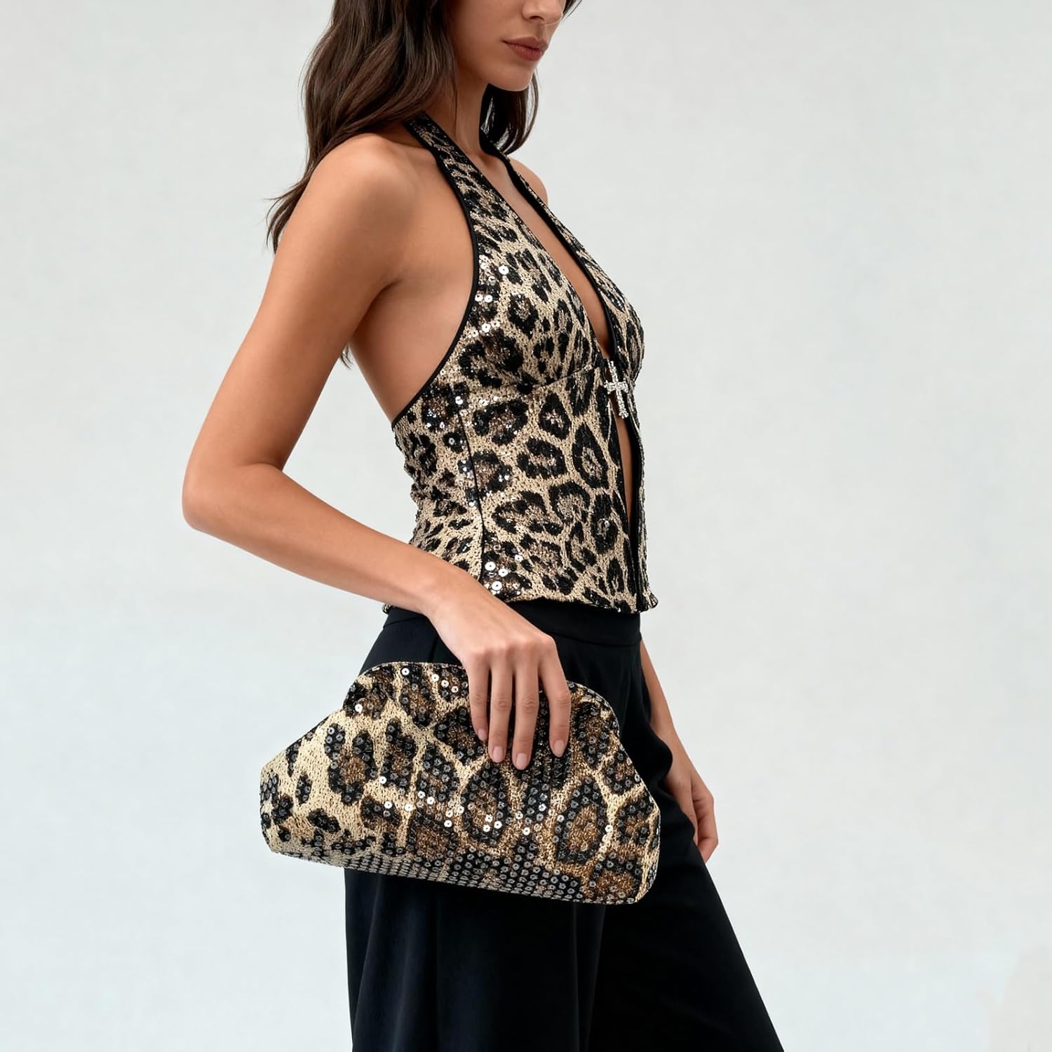 ENBEI Women's Leopard Print Sequin Clutch Purse Sparkly Evening Handbag Stylish Women's Wallet for Party, Wedding, Prom and Casual Outfits Trendy Leopard Clutch for Women | Sequin, Leopard Print