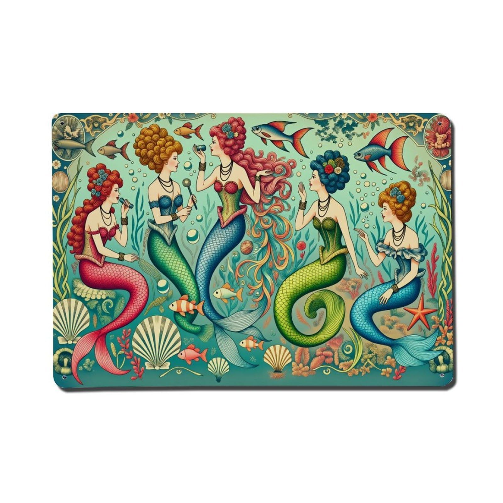 Mermaid Fantasy Underwater Sea Life Colorful Artwork Pattern Print Tin Sign Vintage Metal Poster, Home Bar Garage Man Cave Cafe Indoor & Outdoor Wall Decoration 8x12Inches