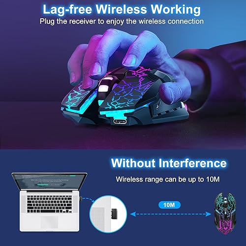 Miniatura 2 de Mouse inalámbrico para juegos, mouse inalámbrico recargable con carga rápida tipo C, mouse ergonómico con 3 DPI ajustables, 6 botones silenciosos,