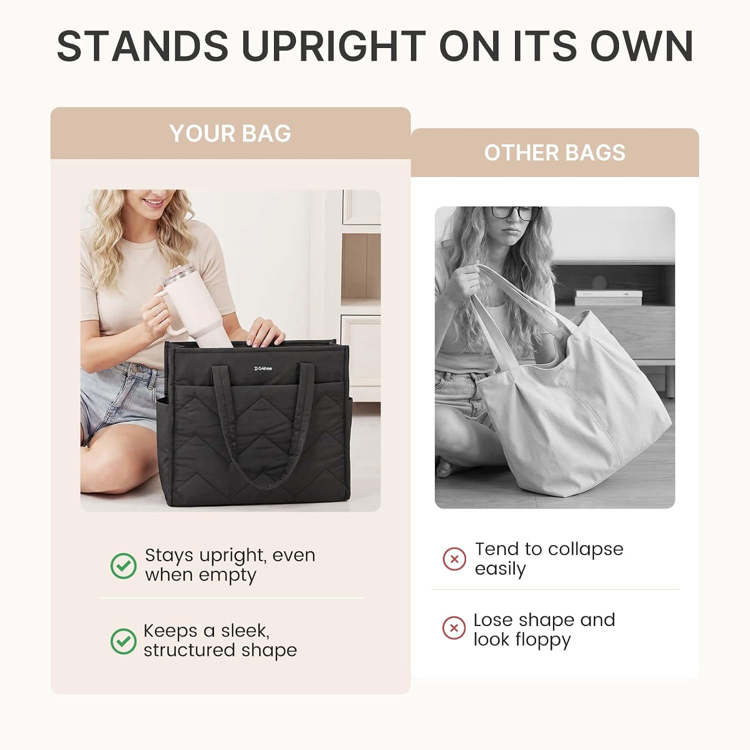 G4Free Tote Bag for Work, Lightweight Quilted Tote Bag Travel Compartment, Handbag with 40oz Holder for Women Teacher Nurse