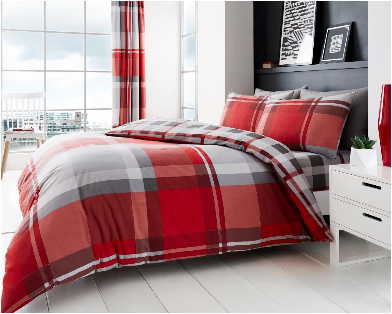 GC GAVENO CAVAILIA Geometric Bedding King Size, Check Duvet Cover Set, Soft Reversible Quilt Bed Covers, Red