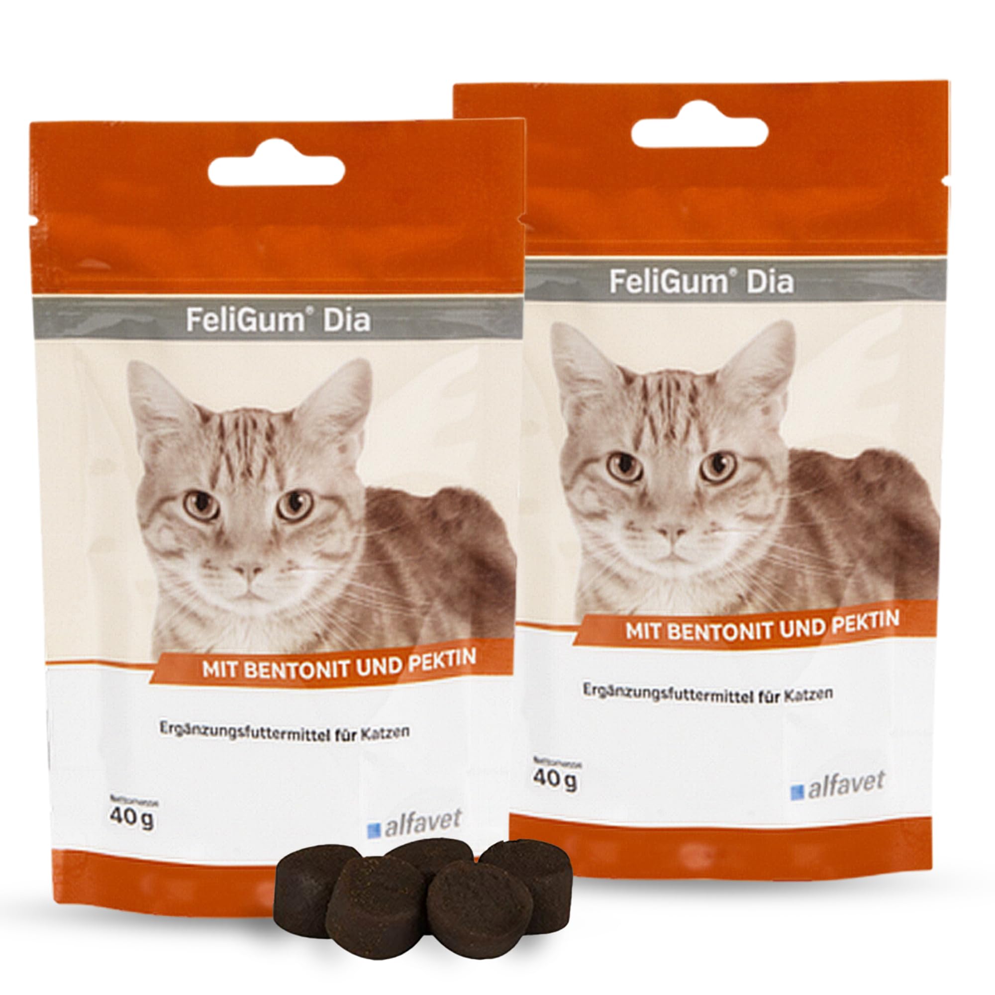 alfavet FeliGum Dia, Doppelpack, Ergänzungsfuttermittel bei Durchfall für Katzen Resorptionsstörungen des Darms, Kaudrops, 2 x 40g Beutel