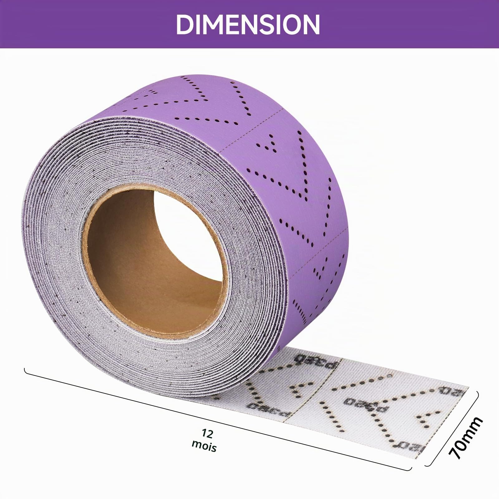Rouleau de feuille de ponçage en céramique violette - 70 mm x 12 m - Pour le ponçage du bois, le retrait du revêtement, le ponçage automatique, la réparation de carrosserie - Grain 320