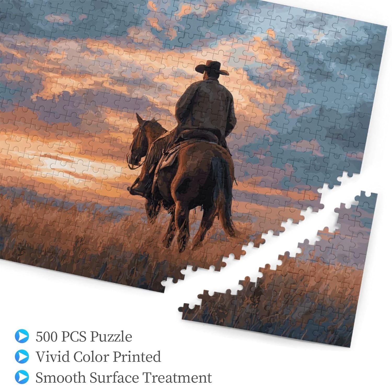 Sunset Prairie Cowboy On Horse Jigsaw Wooden Puzzles for Adults 500 Pieces, Engaging Activity for Western Culture Enthusiasts, for Living Room Family Bonding & Mind Exercise