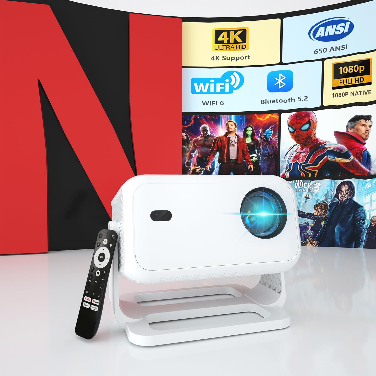 【Netflix-Licensed & Auto Focus/Keystone】Smart Projector with Wifi and Bluetooth, Native 1080P 4K Support Outdoor Movie Projector, Home Ceiling