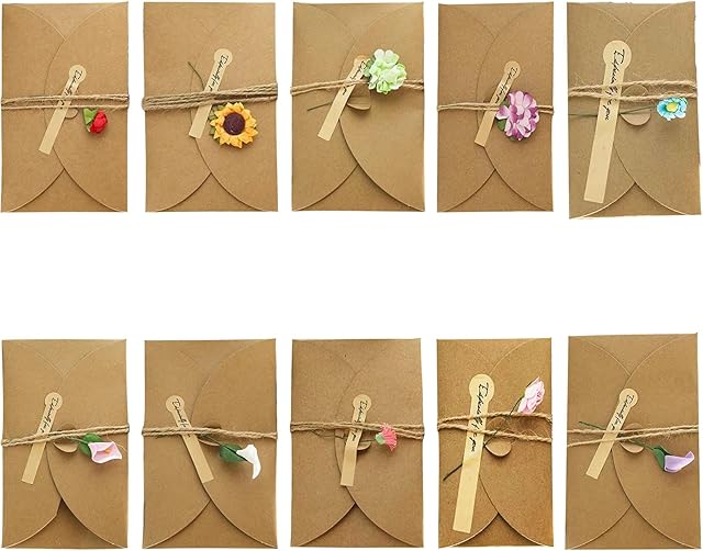 Thank You Cards Multipack with Envelopes, 10Pcs Handmade Retro Kraft Paper Thank You Cards, Dried Flowers Greeting Cards with 10 Handmade Flowers and Stickers for Christmas Birthday Mothers Day