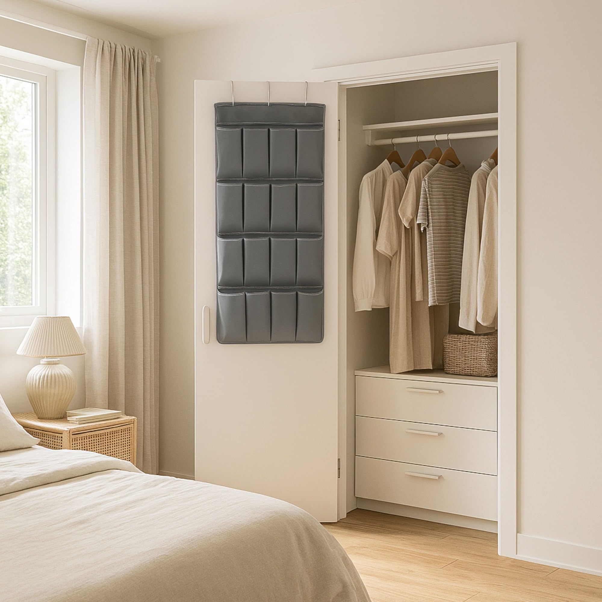 Rangement Suspendu MIJOMA 16 Compartiments - Étagère Pliable En Tissu Pour Placard, Voyage Et Camping - Gris 45x110 Cm