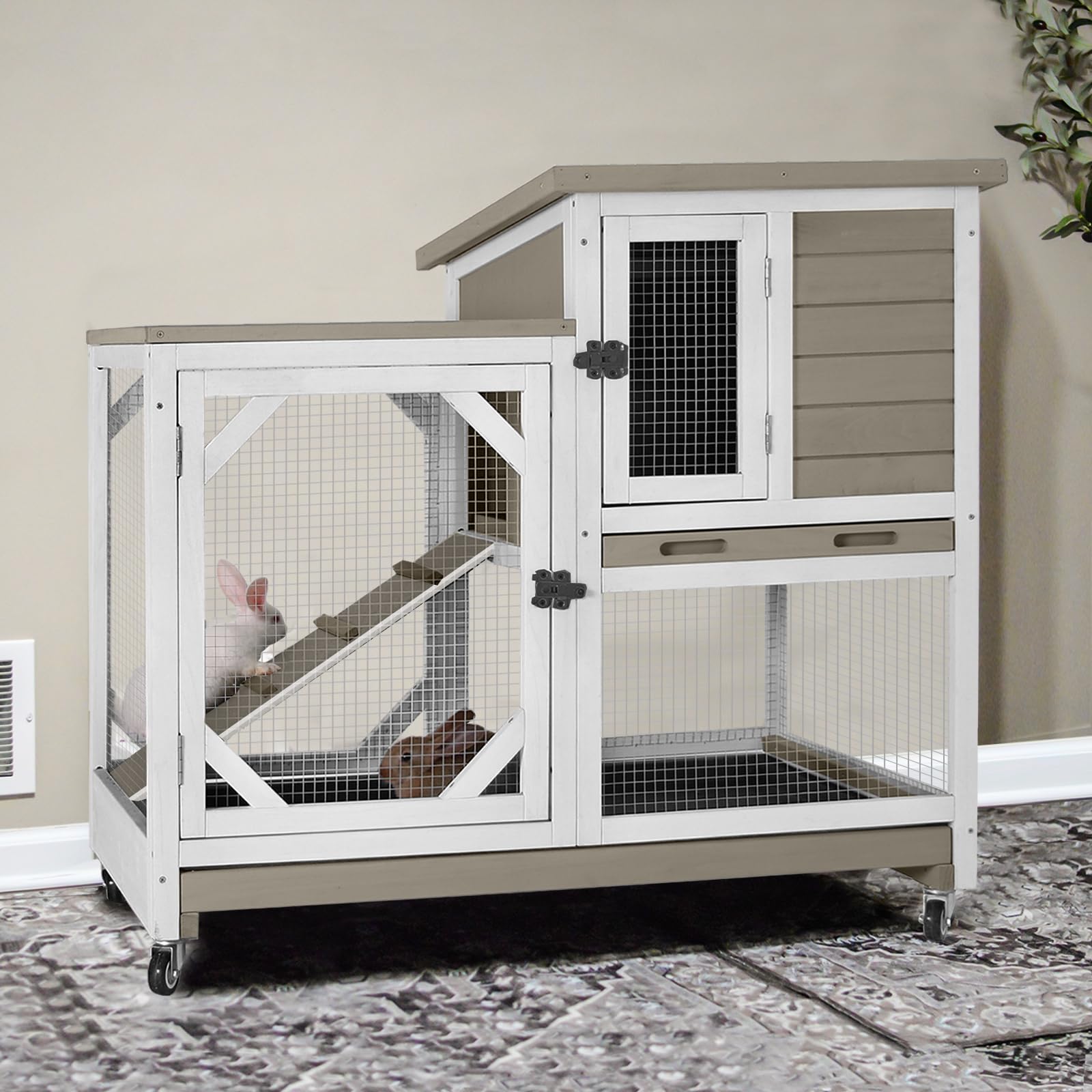 GUTINNEEN 2-Story Rabbit Hutch with Chew-Proof Ramp & Pull-Out Trays - Indoor/Outdoor 39.3" Wooden Rabbit Cage on Wheels for Rabbits, Guinea Pigs (