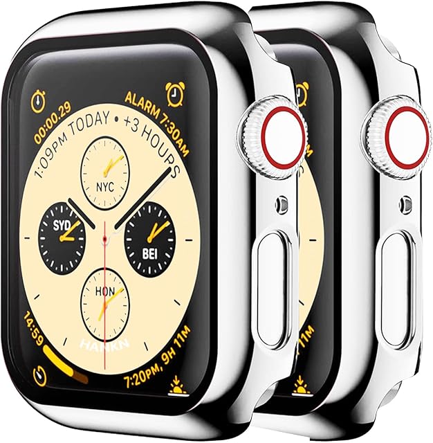 HANKN 2 Pack Case 44mm for Apple Watch Series 6 5 4 SE 44mm Tempered Glass Screen Protector Case, Plated Hard Cover Full Coverage Shockproof Iwatch Bumper (44mm, Silver+Silver)