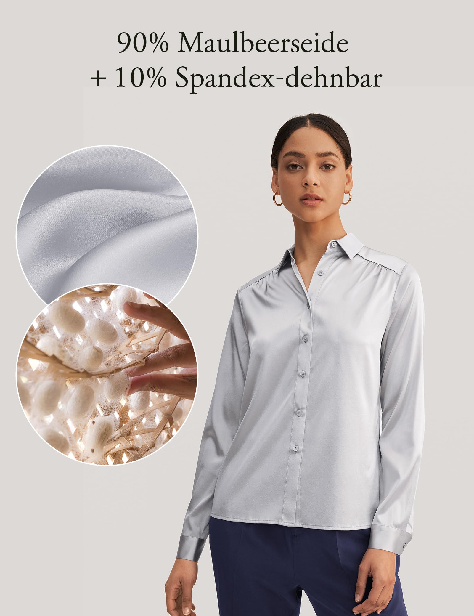 LilySilk Frauen Seide Hemdbluse Damenhemd Shirt Langarm Kragen Klassische Bluse mit V-Ausschnitt für Arbeit oder Freizeit