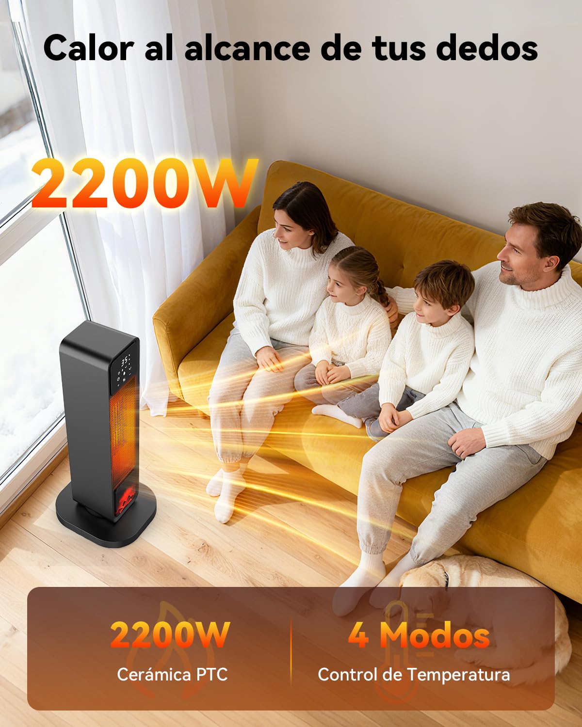 2200W Calefactor Bajo Consumo - Eléctrico Cerámico Oscilante, 4 Modos ECO, Temporizador 1-12H, Protección Sobrecarga/Vuelco, Bajo Ruido, Mando Remoto - Portátil Baño, Sala, Dormitorio, Oficina
