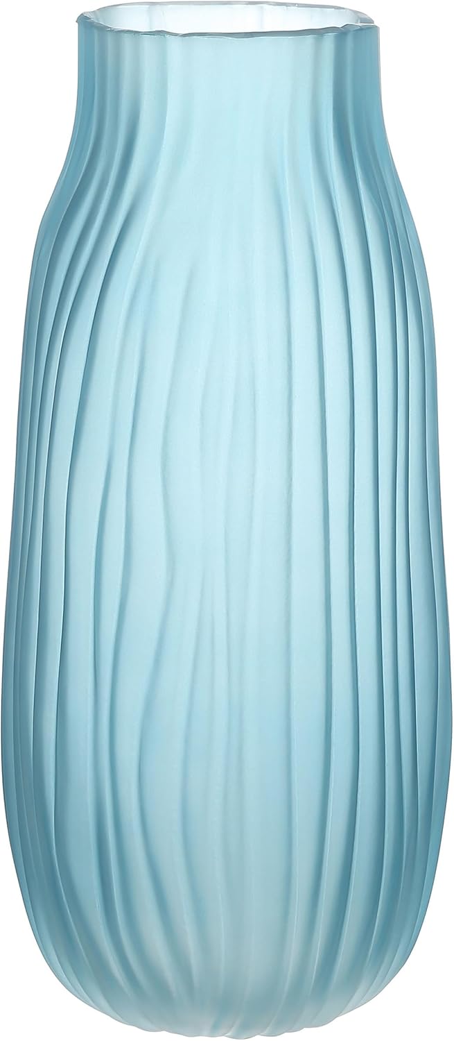 Frosted Blue Ribbed Glass Vase 12in Boho Elegant Decorative Vases for Home Flowers Arrangements, Centerpieces, Dinner Table and Modern Decor