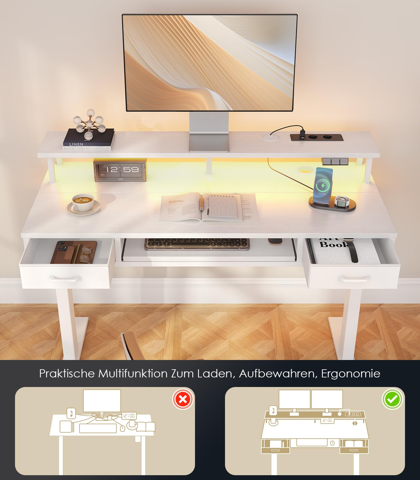 OffiGo Schreibtisch Höhenverstellbar mit Schubladen, 120 cm Elektrischer Schreibtisch mit Tastaturablage, Computertisch mit Monitorständer, Tisch Höhenverstellbar mit Steckdosen und Lichtleiste, Weiß