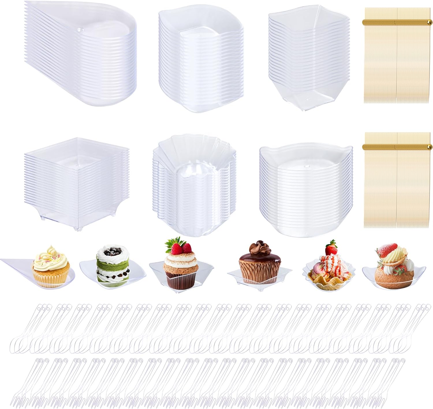 240 Pcs Appetizer Plates With Spoons Forks - Clear Disposable Mini Dessert Containers - Assorted Shape Plastic Square Bowls for Party Serving Supplies