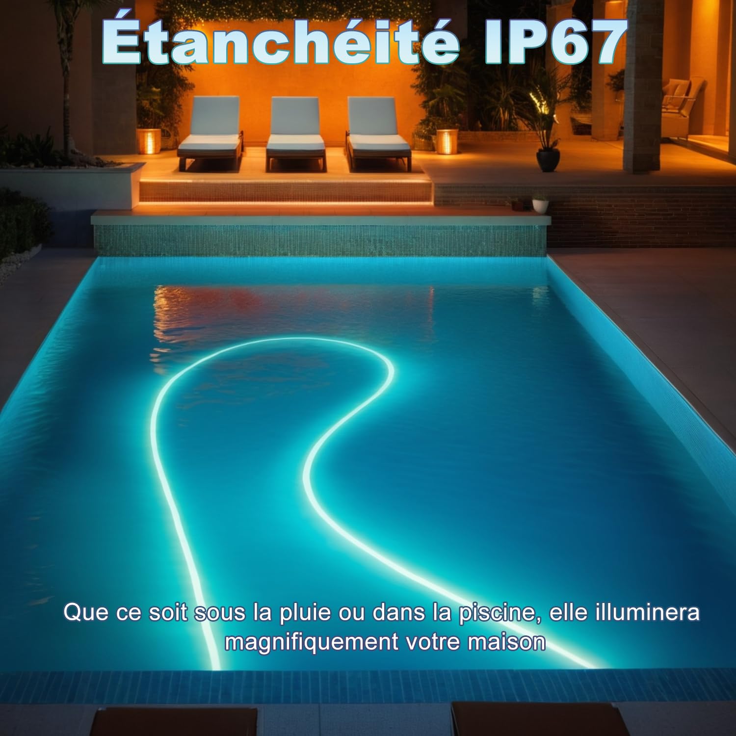 Ruban LED RGB 10M 840 LEDs Bande LED Bluetooth IP67 avec Adaptateur 24V 1.5A CE Contrôle App pour Décoration Jardin Terrasse Extérieur