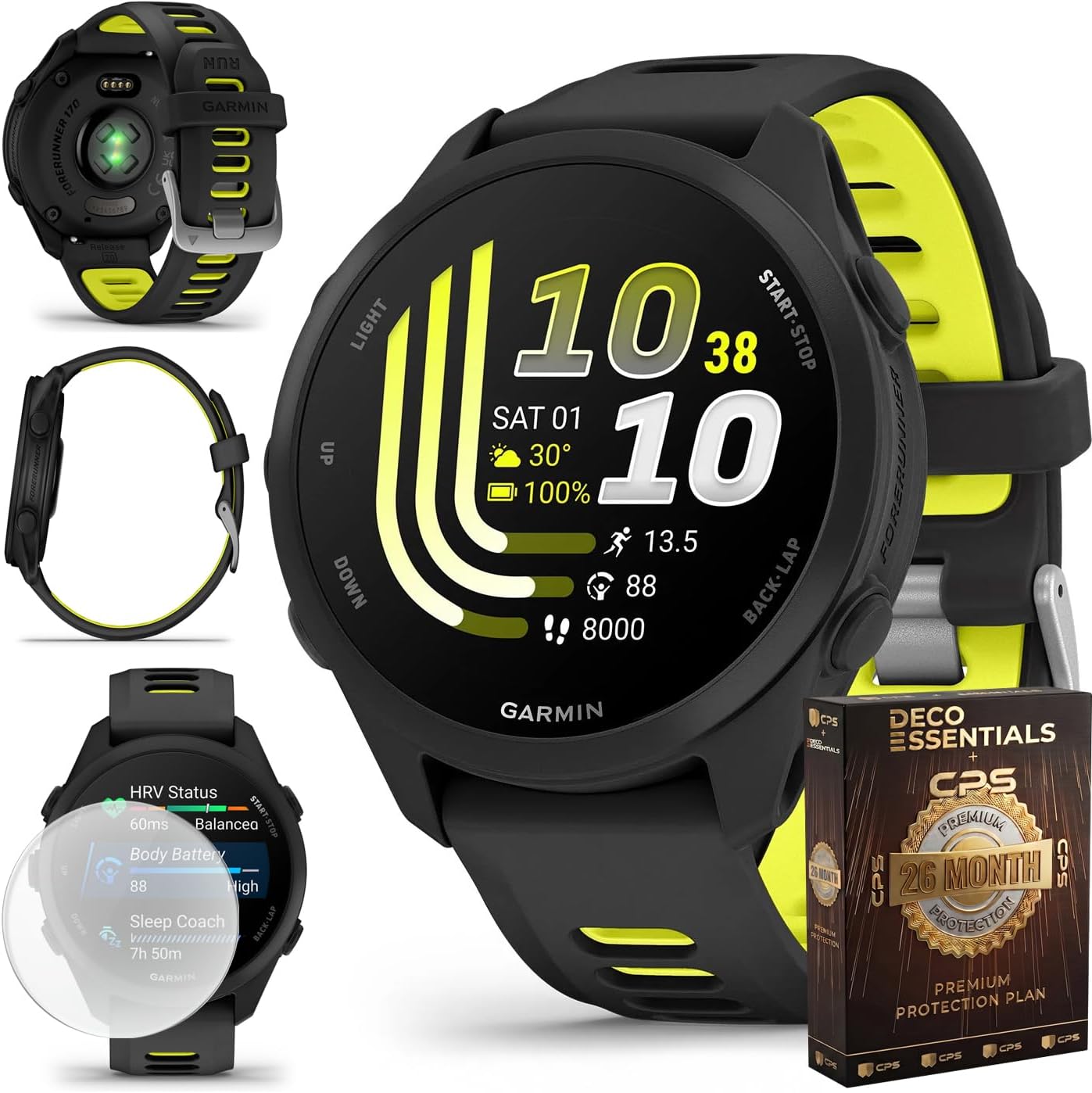 Garmin Forerunner 170, 1.2" AMOLED GPS Running Watch, Pay, 10-Day Battery, Black/Amp Yellow, 010-03920-00 w/Deco Essentials 26-Month CPS Protection & 2-Pack Screen Protector