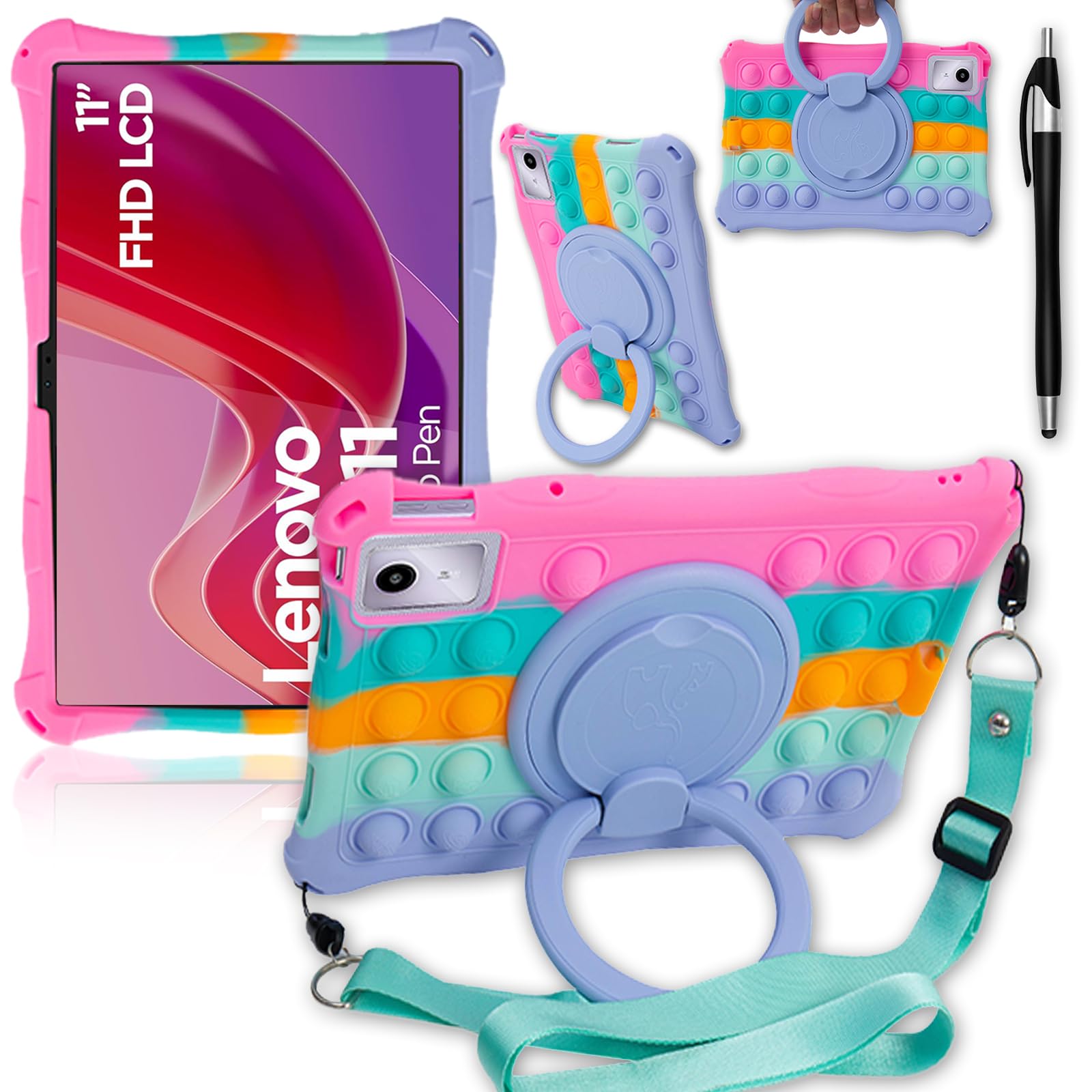 ATOOZ for Lenovo Tab M11 Kids 11 inch (TB330F/TB331F) Silicone Lightweight Case for Lenovo Idea Tab 11 Tablet (TB335//TB336) with 360° Rotatable Stand & Pen Slots & Shoulder Straps (Dazzling Pink)