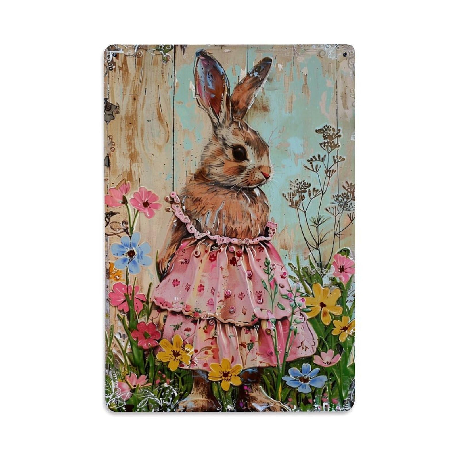 Jdfenggu Vintage Floral Dress Rabbit Garden Art Retro Metal Tin Sign, Decor Art Poster For Bar, Home, Man Cave, Kitchen, Laundry Room Gift 8X12inch