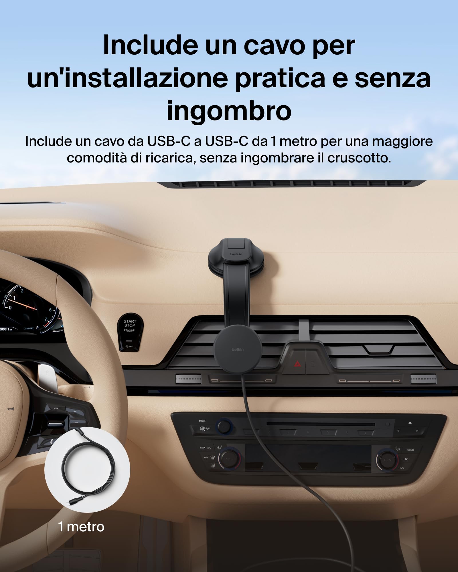 Belkin Caricatore da Auto Wireless, Supporto Magnetico per Bocchette e Cruscotto, Cavo USBC, Ricarica Rapida Compatibile con MagSafe per iPhone 17, Galaxy S25, Pixelsnap, Qi2 - Nero
