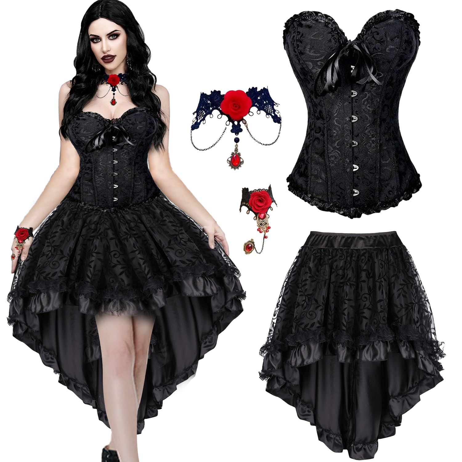 Corpetto Top Donna,Gonna Steampunk da Donna Asimmetrica in Chiffon,Collana in Pizzo retrò con Bracciale,Gotico Nero Bustini e Corsetti,Adatto per Feste,Cosplay,Halloween,Carnevale