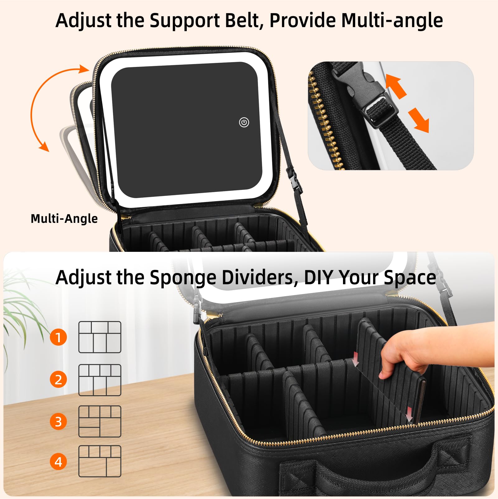 Travel Makeup Bag with LED Mirror 3 Color Setting,Travel Makeup Organizer,Makeup Case with Adjustable Dividers,Waterproof Makeup Box with 10X Magnifying Mirror,Black - Image 4