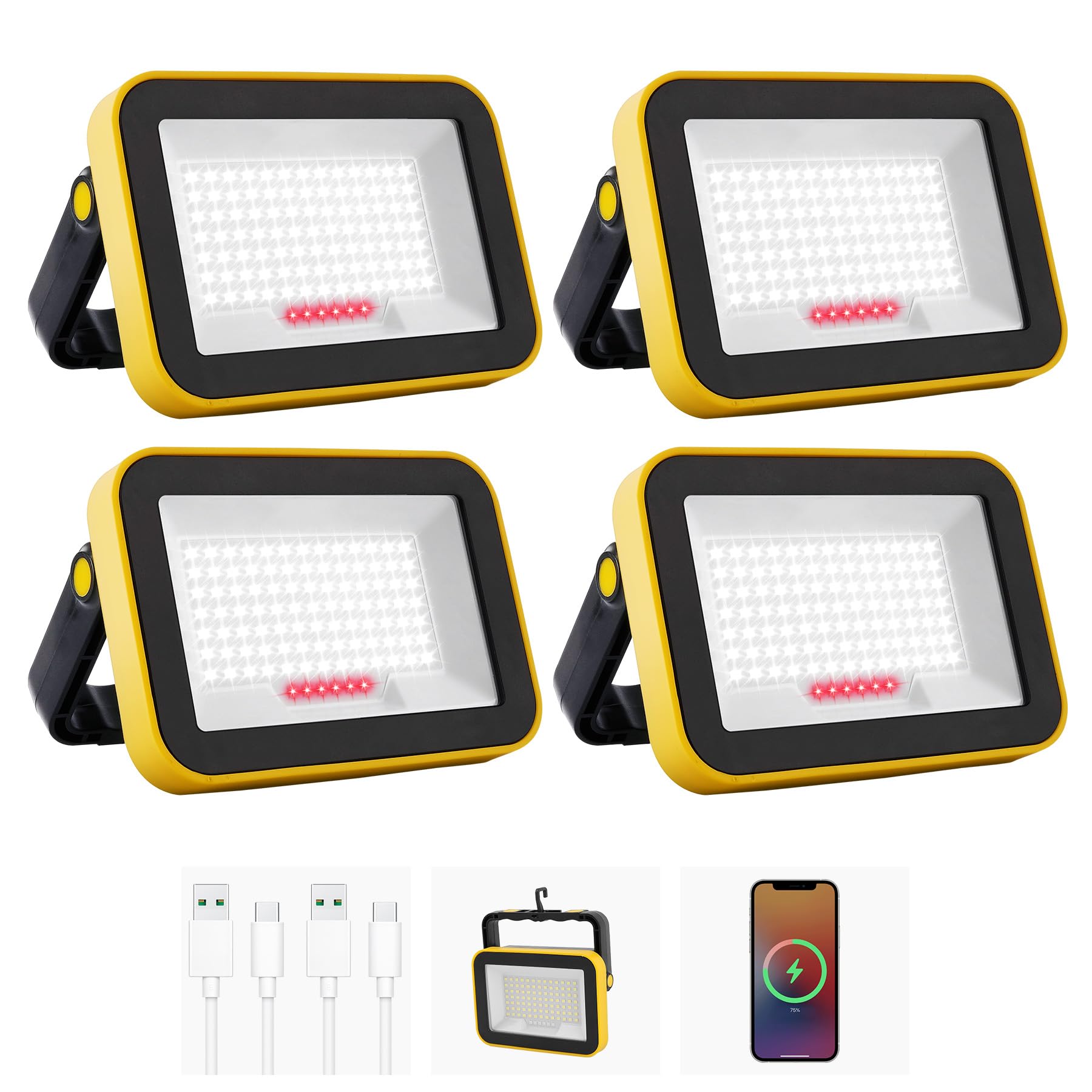 NATPOW Lot de 4 lampes de travail LED rechargeables, projecteur portable, 5 modes, lampe d'atelier avec 4000 mAh, lampe de camping pour chantier, garage, atelier