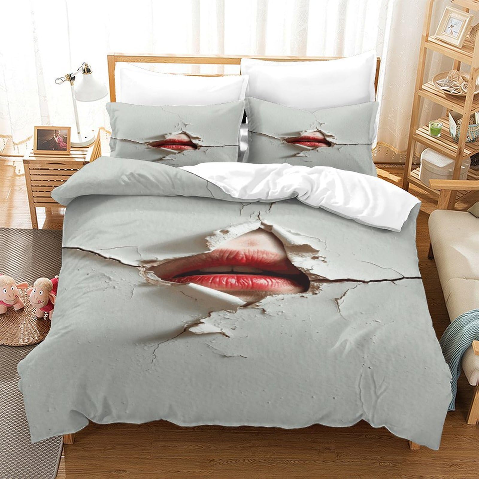 P1S9U7W5Y Creative Crack Lip 3D Printed Duvet Cover Set 3pcs Microfiber Artistic Crack Lip Bedding Set King（220x240cm）
